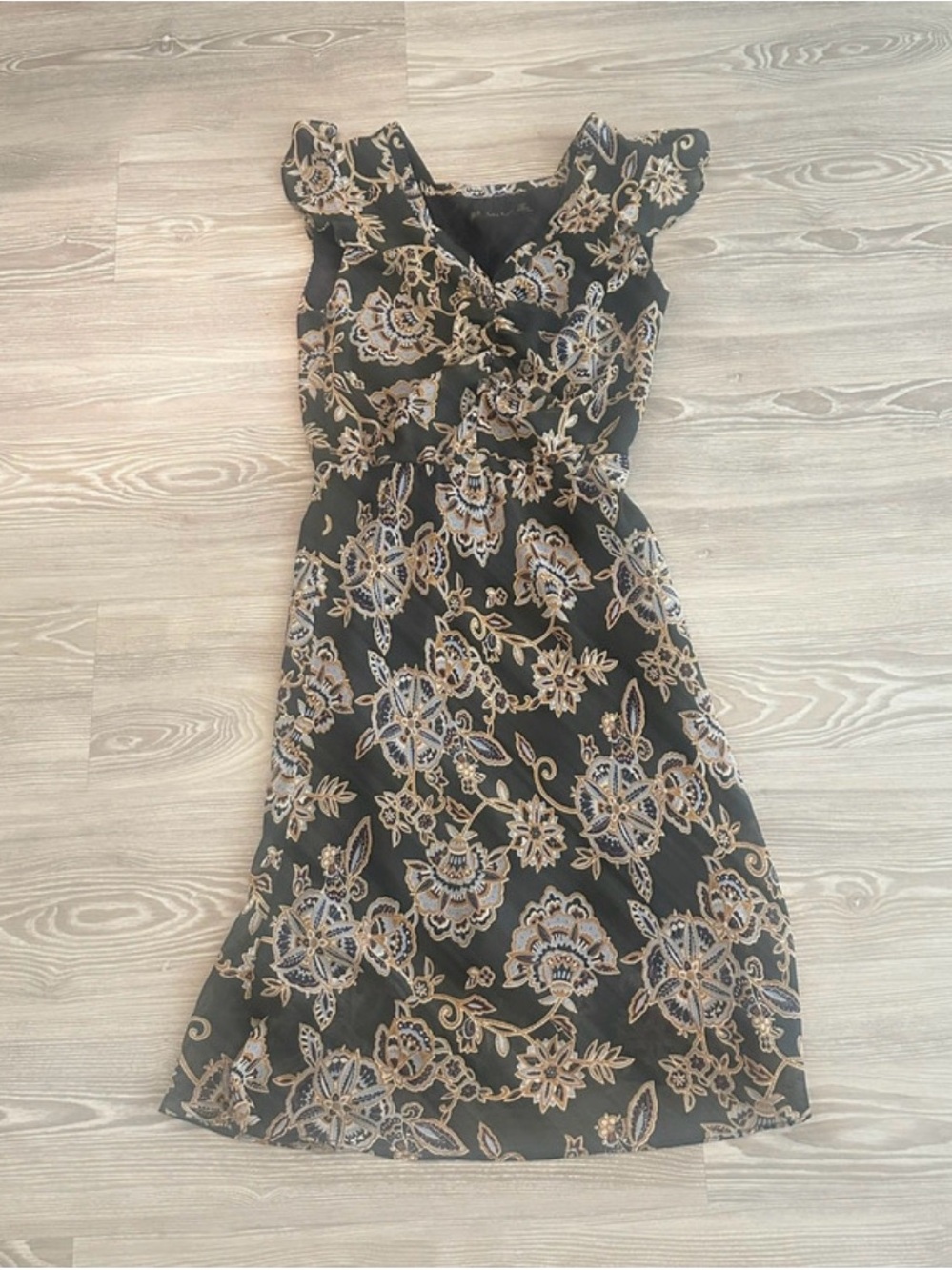 Zara Black Midi Dress with Beige and Light Blue Floral Embroidery
